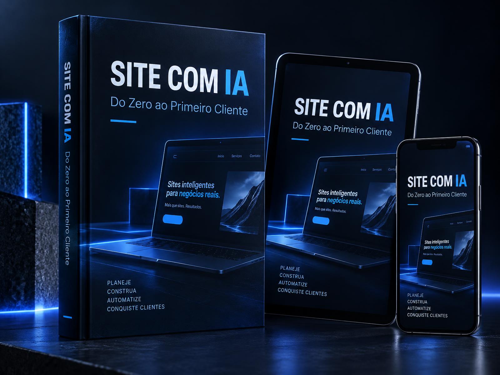 Ebook Site com IA exibido em livro, tablet e celular